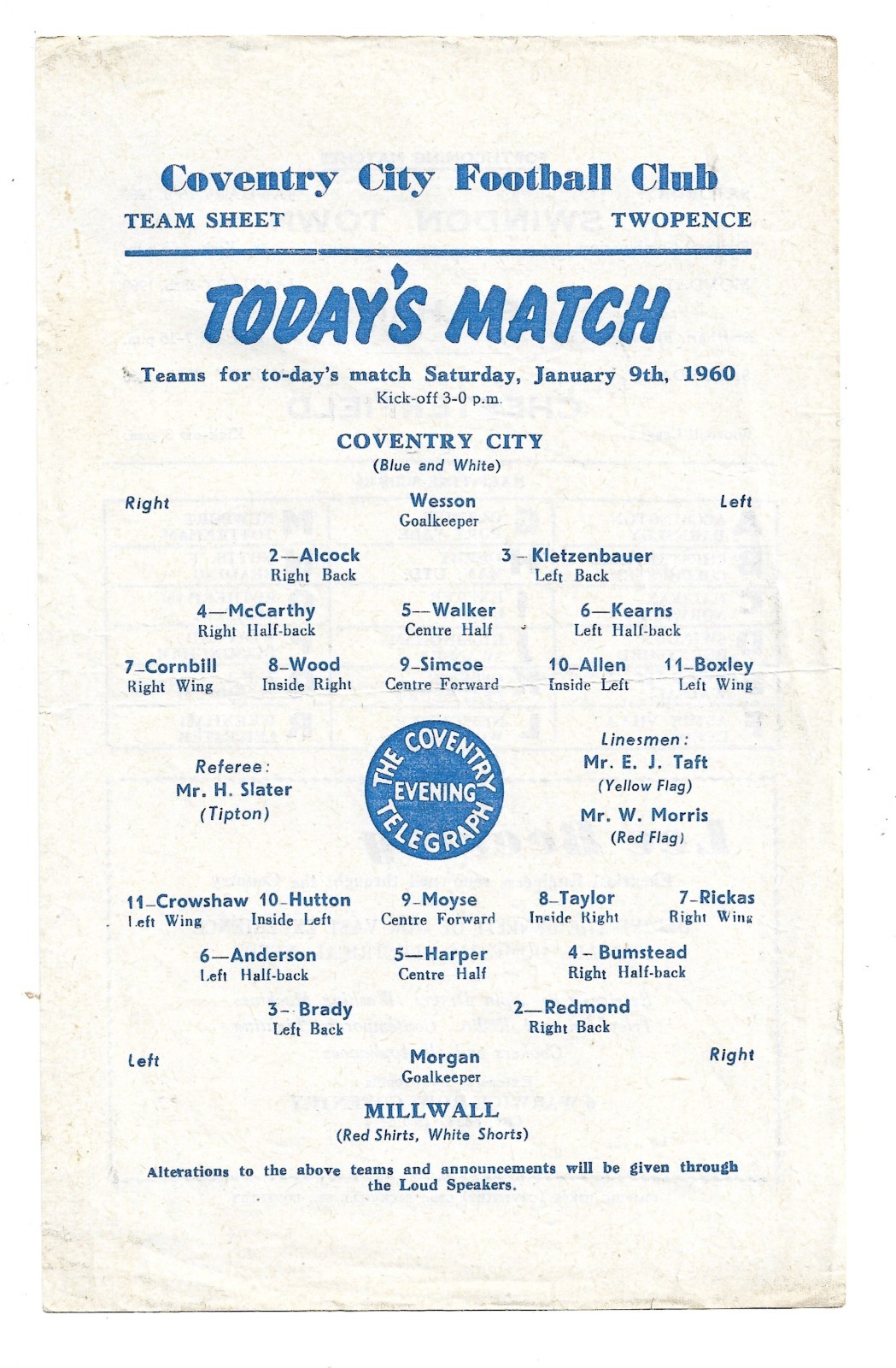 Coventry City res v Millwall res 1959/60 single sheet programme for sale on Ebay