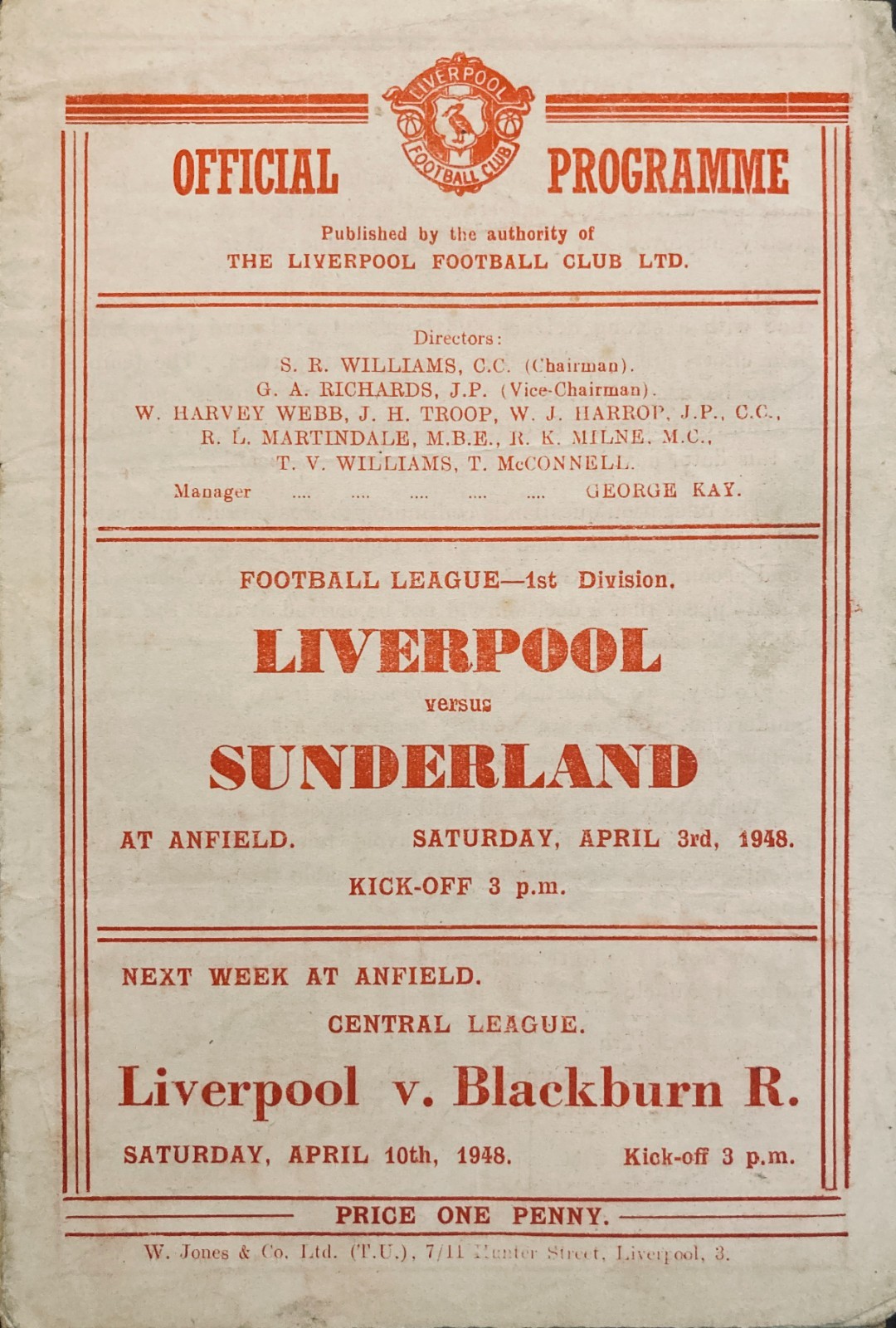 Liverpool v Sunderland Div 1 1947/48 for sale on Ebay
