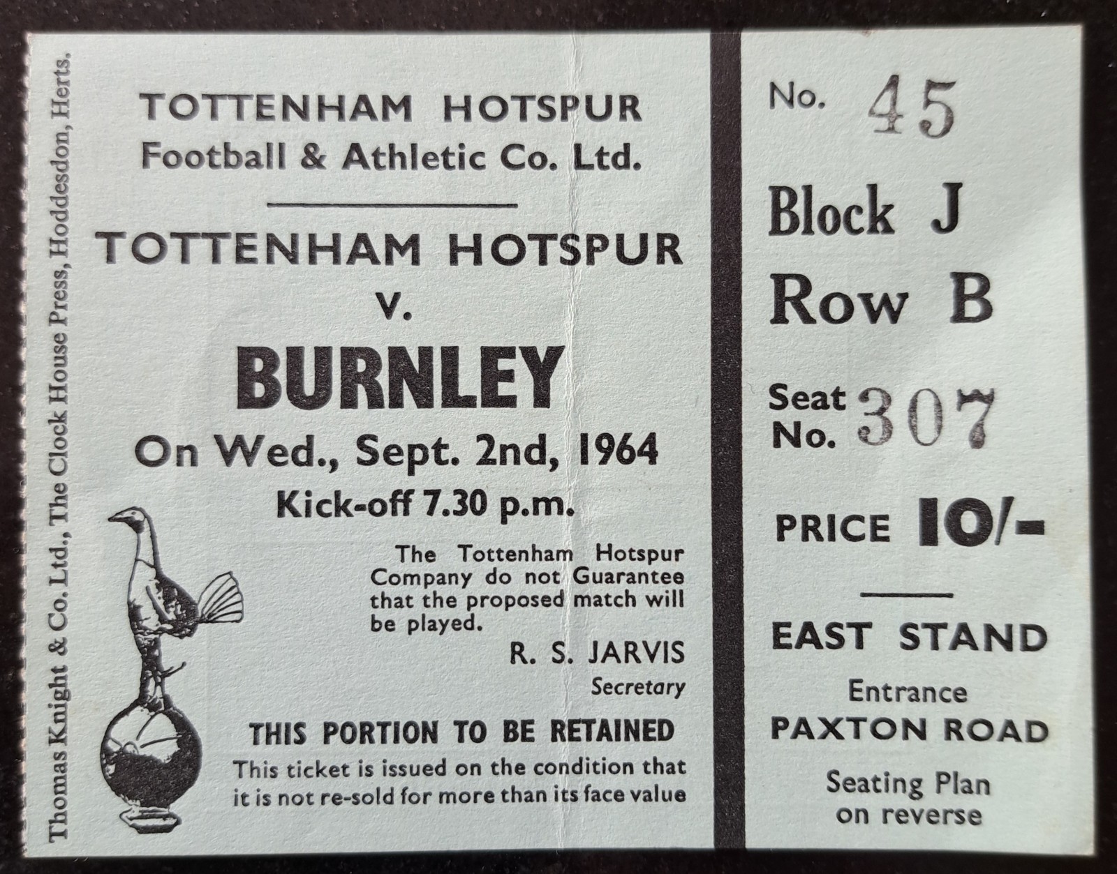 Tottenham / Spurs v Burnley  02 Sept 1964 ticket stub for sale on Ebay