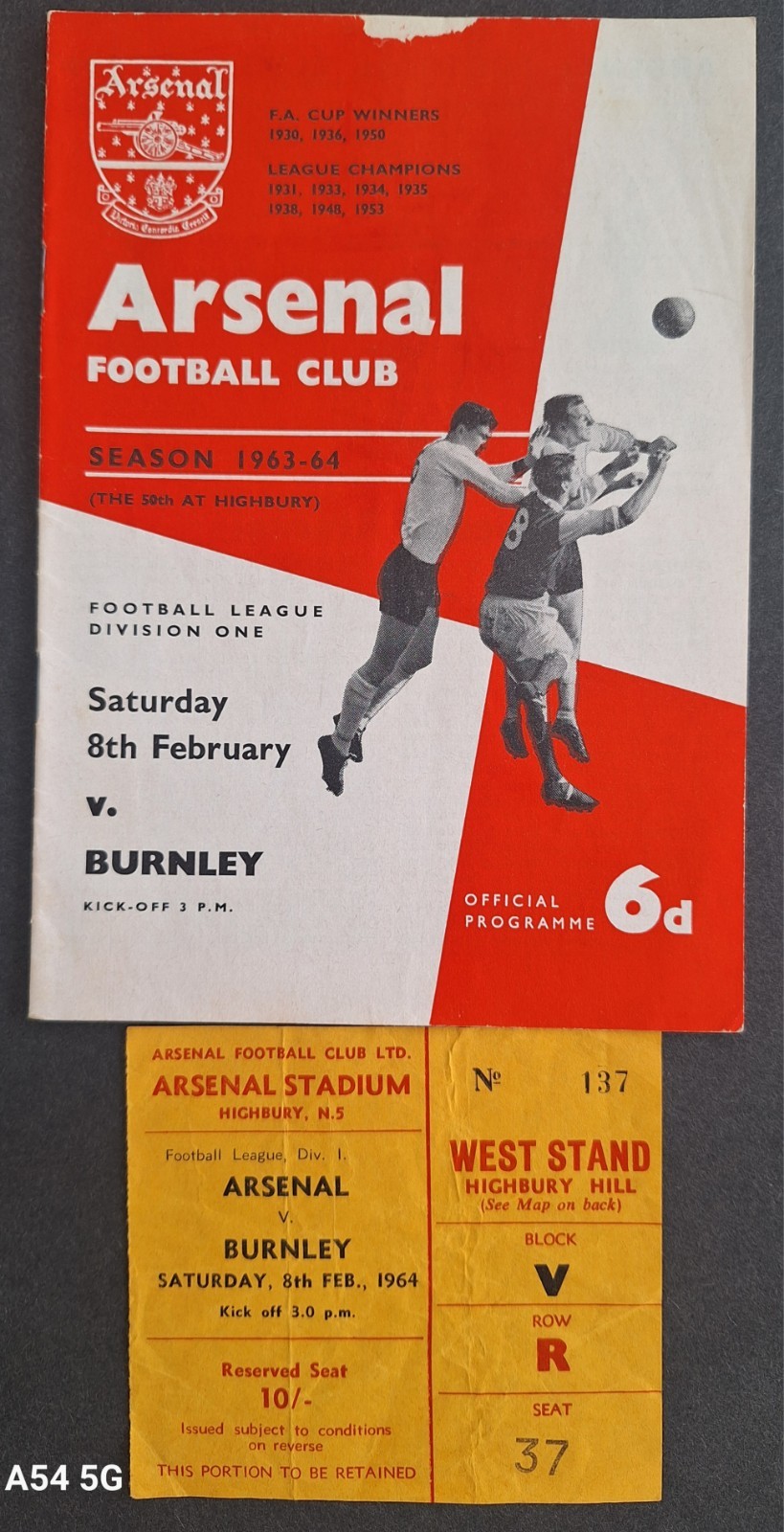 Arsenal v Burnley League Division One 8th February 1964 - Ticket & Programme for sale on Ebay