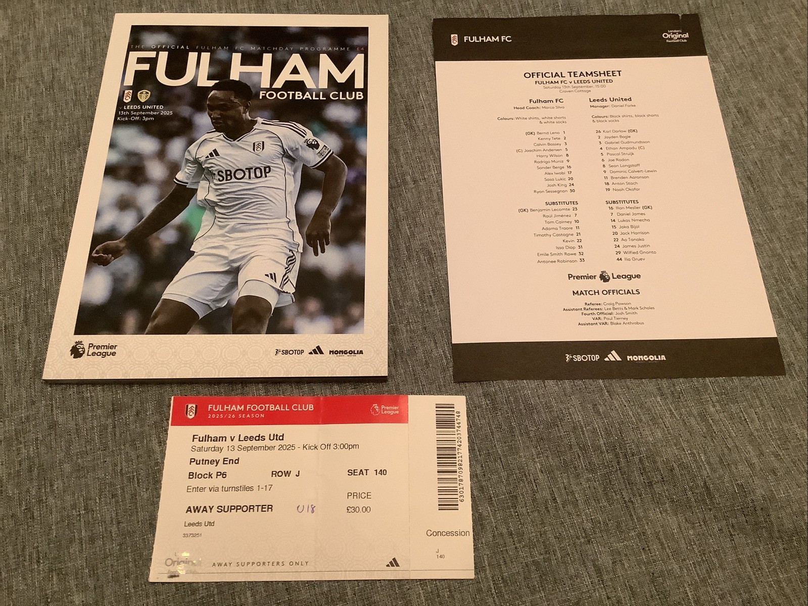 FULHAM V LEEDS UTD PREMIER LEAGUE MATCH PROG/TEAM-SHEET/TICKET 13/09/2025 for sale on Ebay