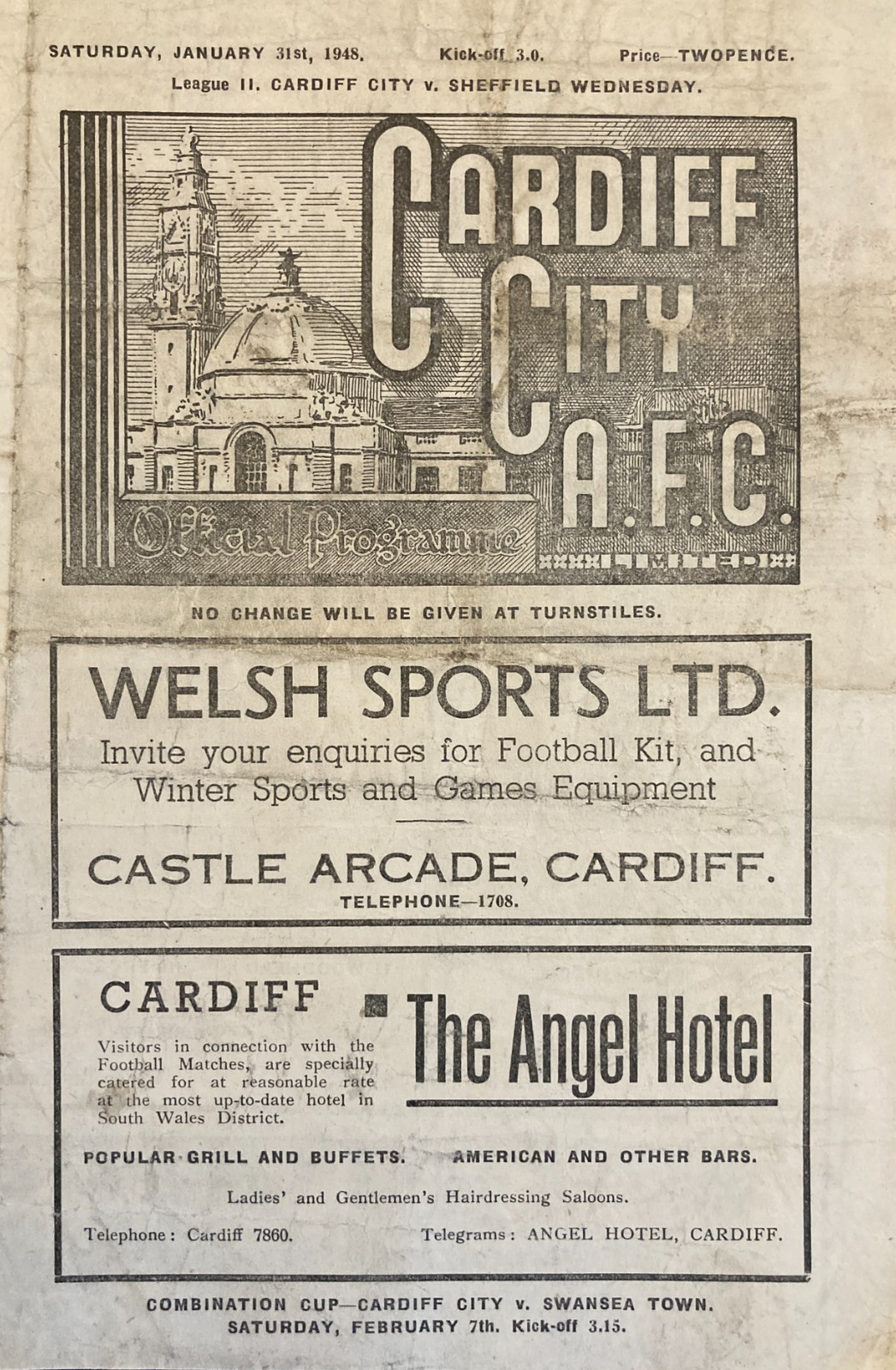 Cardiff City v Sheffield Wednesday Div 2 1947/48 for sale on Ebay