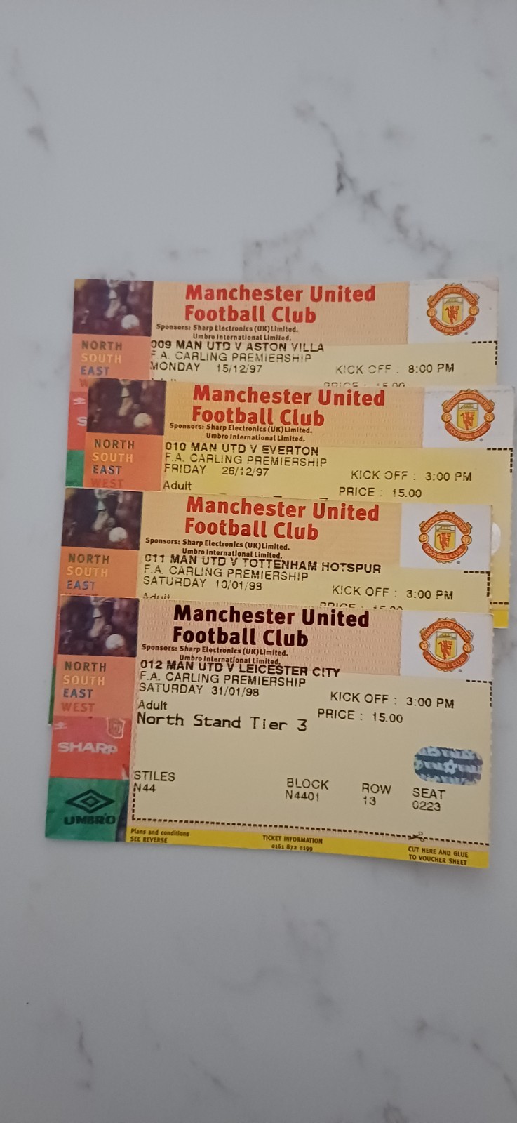 1997/1998 MANCHESTER UNITED PREMIER LEAGUE HOME TICKETS x 4 (Set C) for sale on Ebay