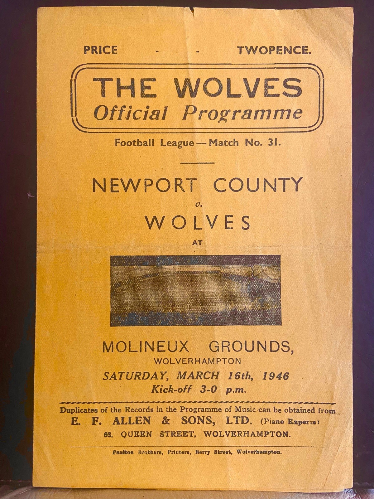 Wolves Wolverhampton Wanderers V Newport County 16th March 1946 WAR LEAGUE SOUTH for sale on Ebay