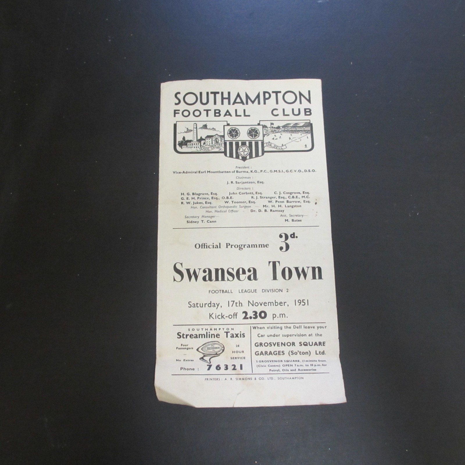 Southampton v Swansea Div 2 1951/2 for sale on Ebay