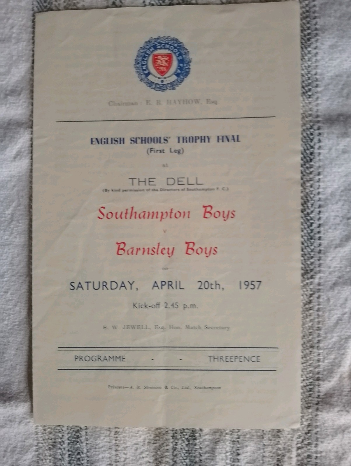 Southampton Boys v Barnsley Boys 1956/7 England Schools Trophy Final 1st Leg for sale on Ebay