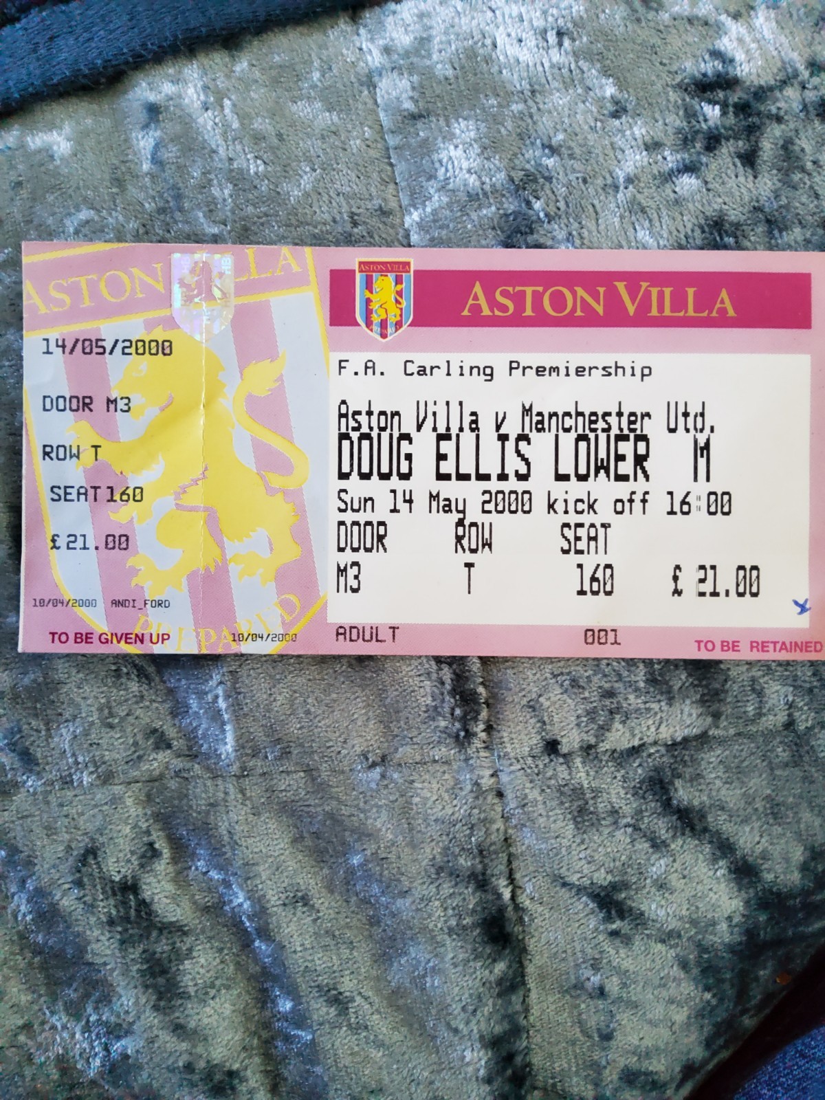 Aston Villa v Manchester united 14 may 2000 used ticket  for sale on Ebay