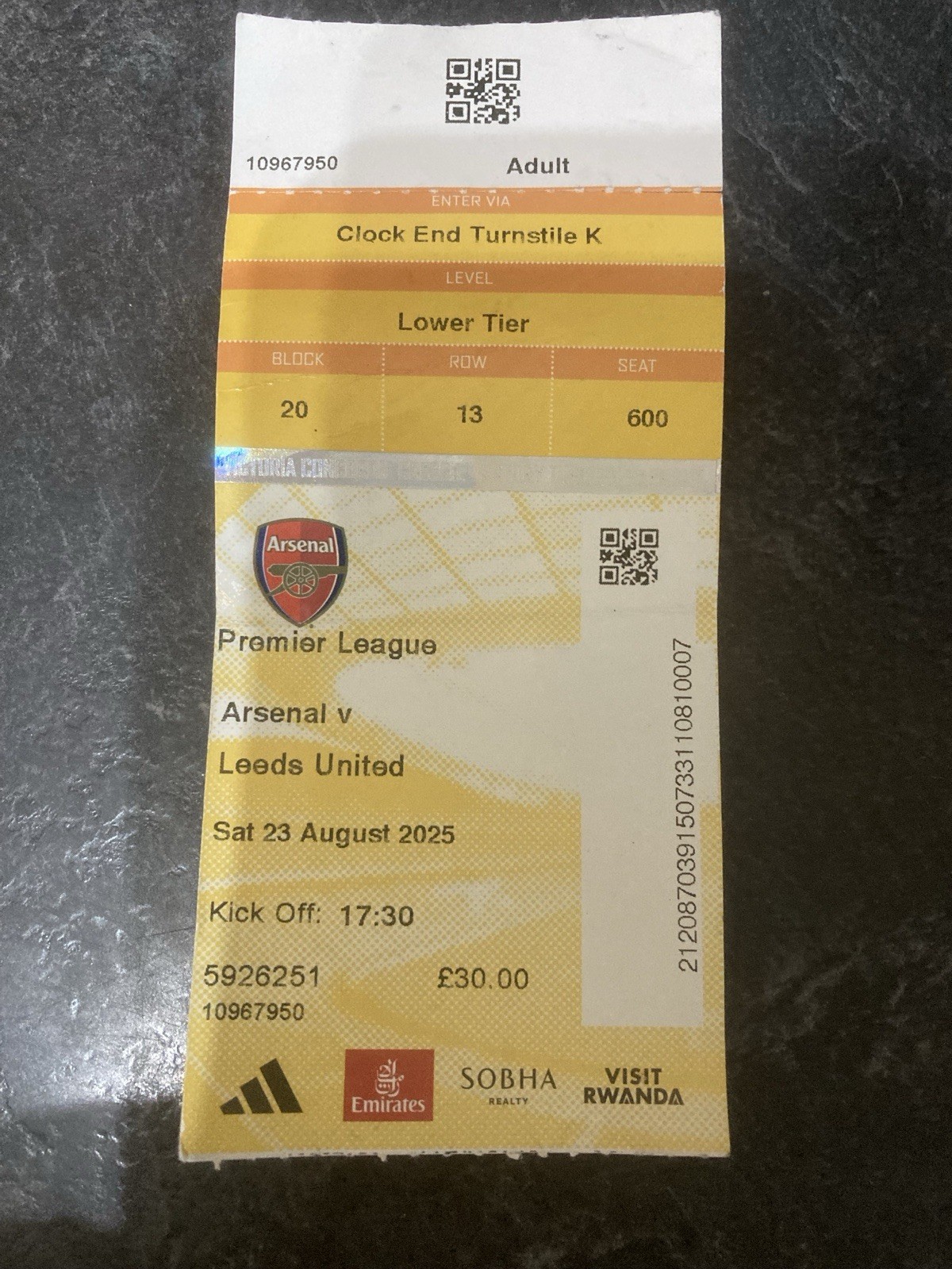 Arsenal v Leeds United 23 August 2025 Ticket Max Dowman Premier League Debut for sale on Ebay
