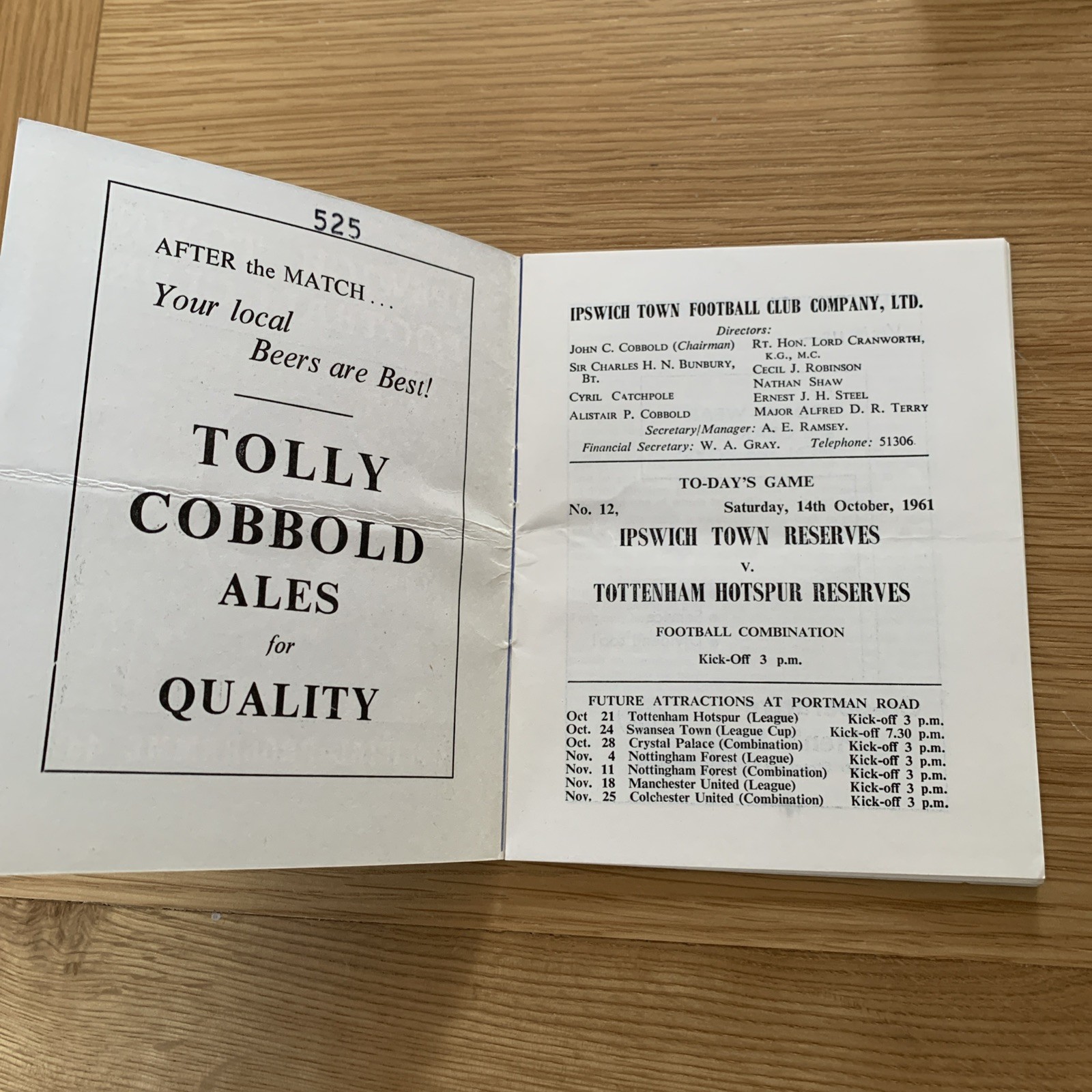 1961 Ipswich Town V Tottenham Hotspur Reserve Match Programme for sale on Ebay