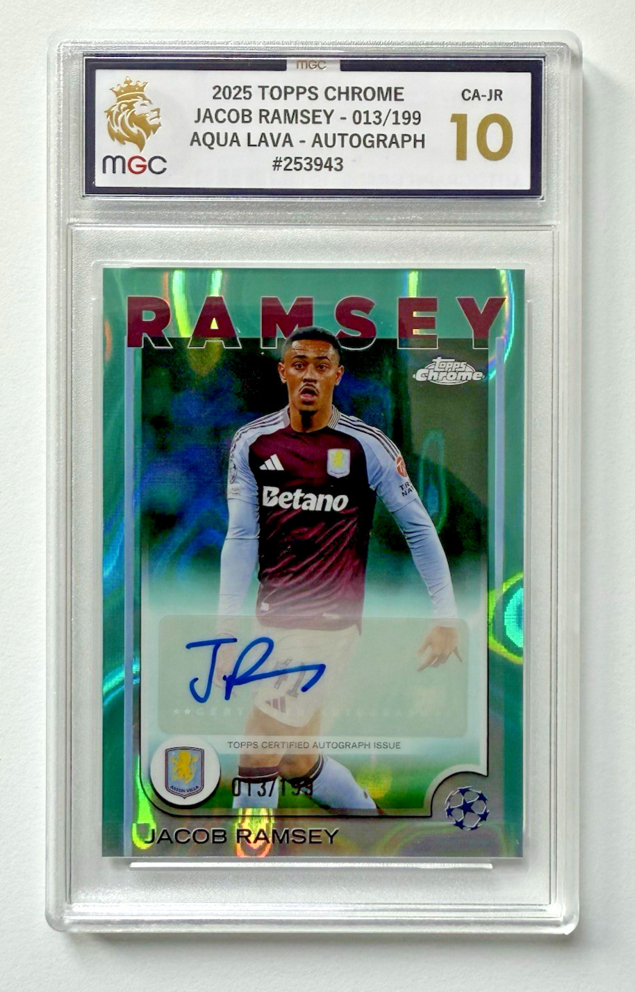 Topps Chrome UCC 2024/25 Jacob Ramsey Aston Villa Aqua Lava Auto /199 MGC 10 for sale on Ebay