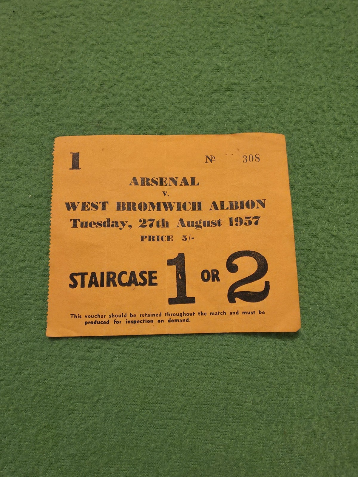 Original Arsenal v West Bromwich Albion Tuesday 27/8/1957 Match Ticket Stub  for sale on Ebay