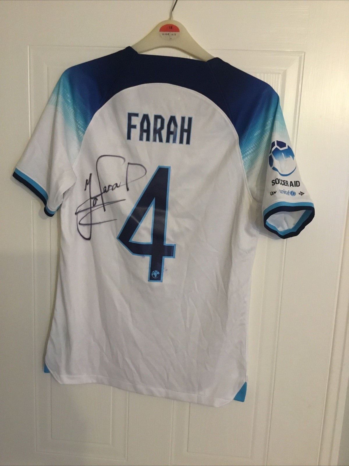 ENGLAND SHIRT - MATCH WORN - SOCCER AID 2023 - NO4 SIR MO FARAH - SIZE (S)  for sale on Ebay