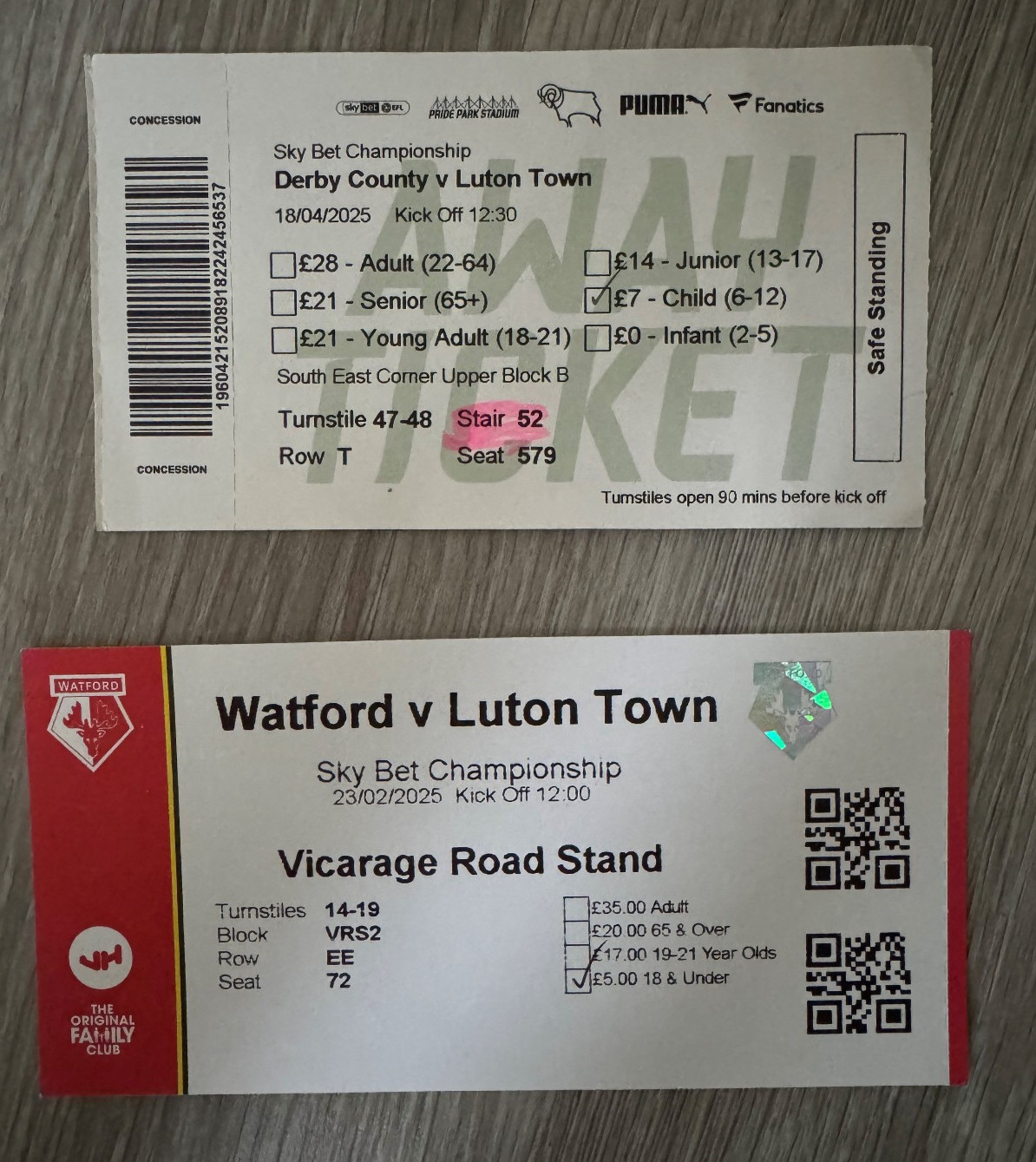 Luton Town - Season 2024/25 - Championship - Derby & Watford Away Match Tickets for sale on Ebay