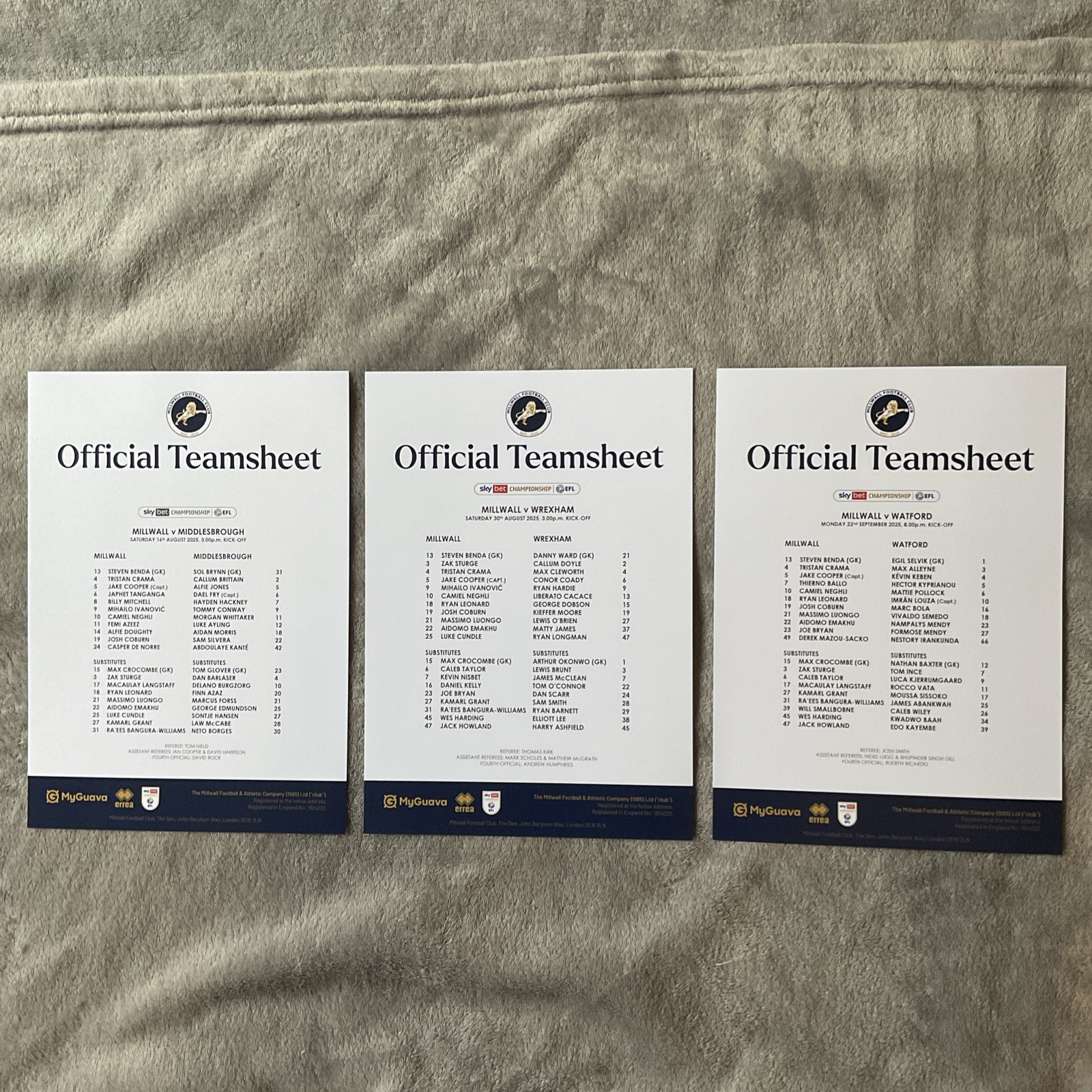 Millwall V Wrexham , Middlesbrough & Watford team sheets 2025/2026 for sale on Ebay