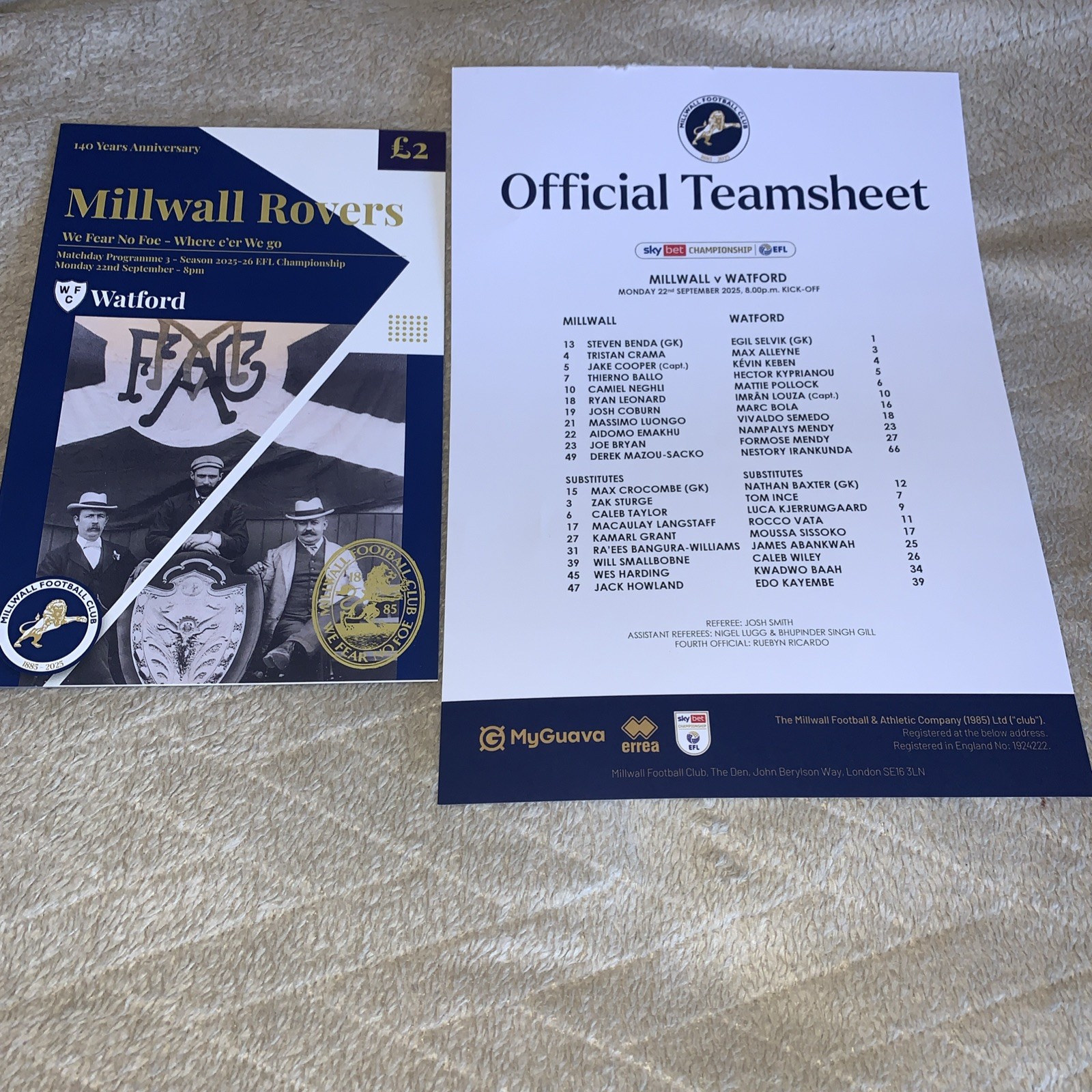 Millwall V Watford Match Day Programme & Team Sheet 22nd September 2025 for sale on Ebay