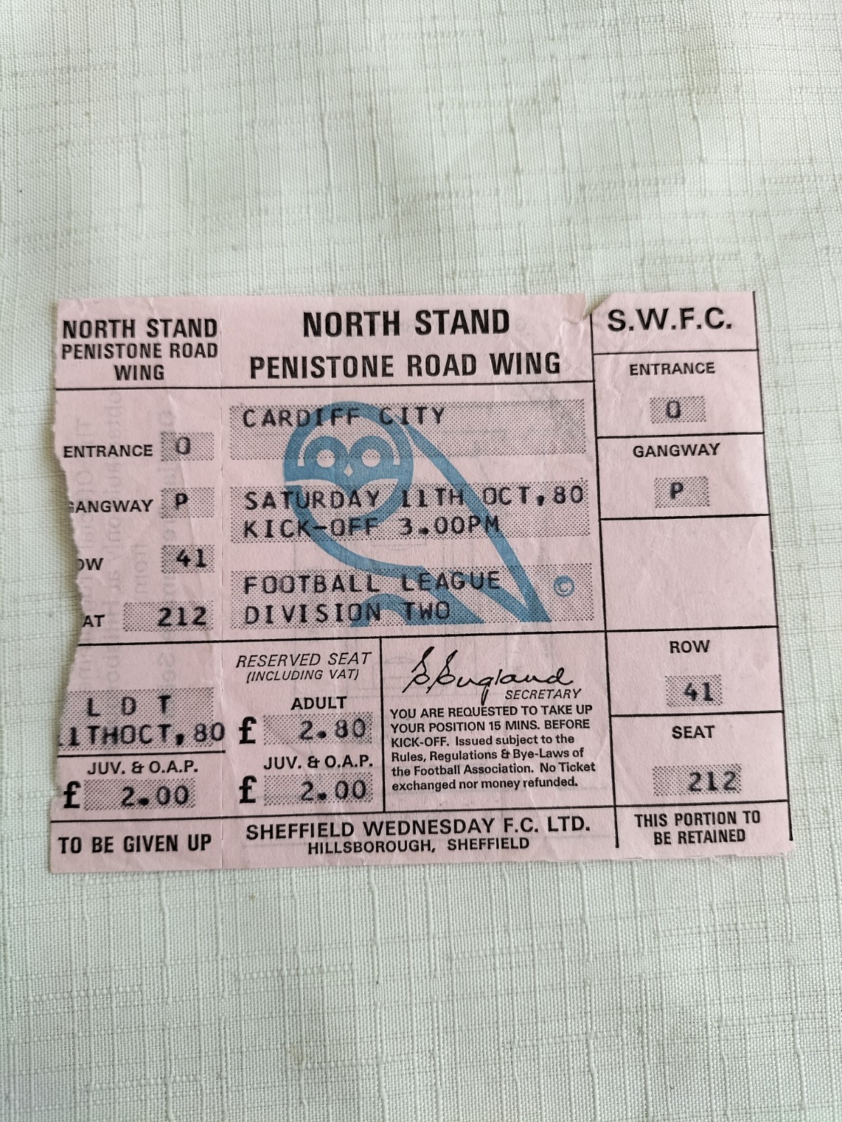 Ticket 1980/81 Sheffield Wednesday v Cardiff City Football League Div 2 11th Oct for sale on Ebay