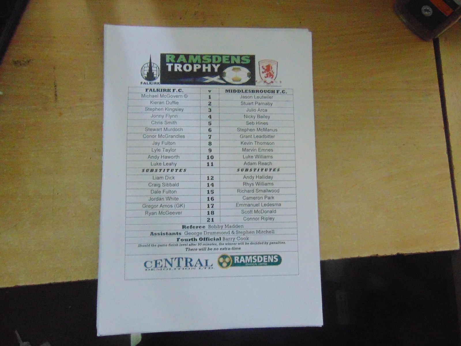 Teamsheet Friendly (Ramsdens) 2013 approx Falkirk v Middlesbrough for sale on Ebay
