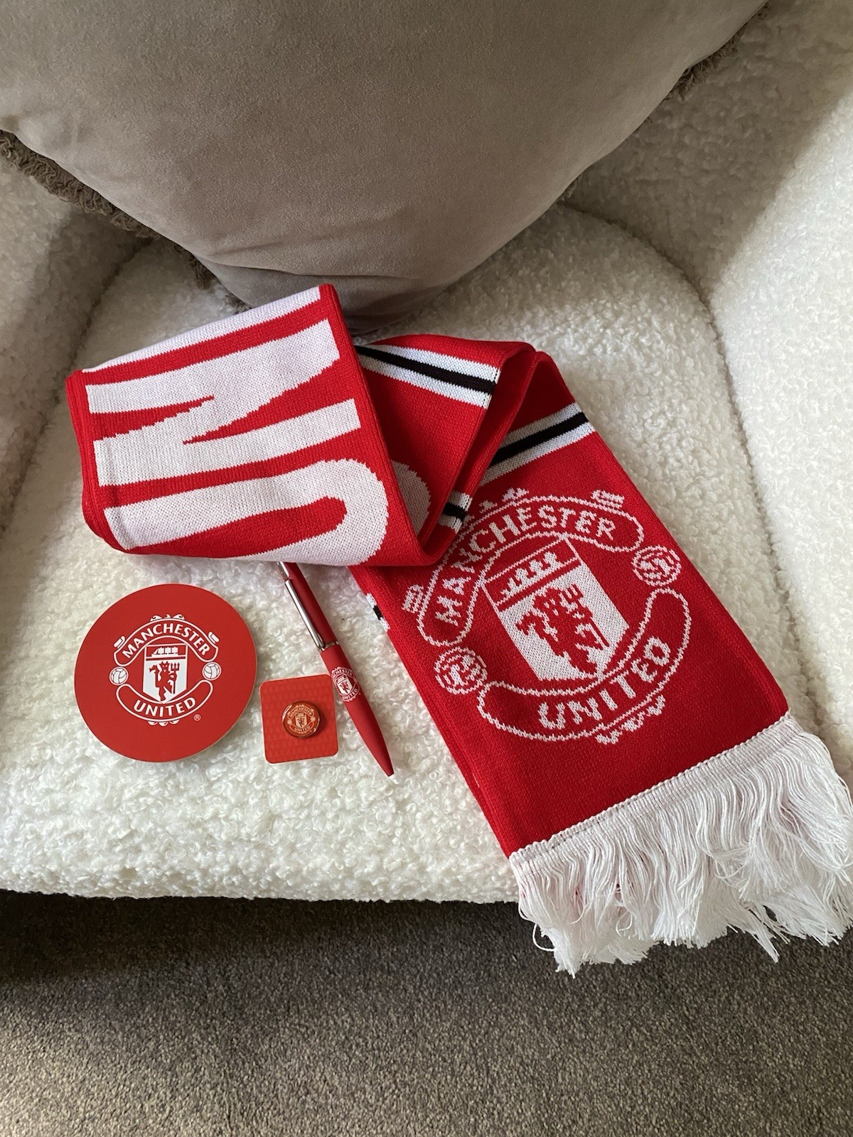 Manchester United Scarf Coaster Pen And Badge for sale on Ebay