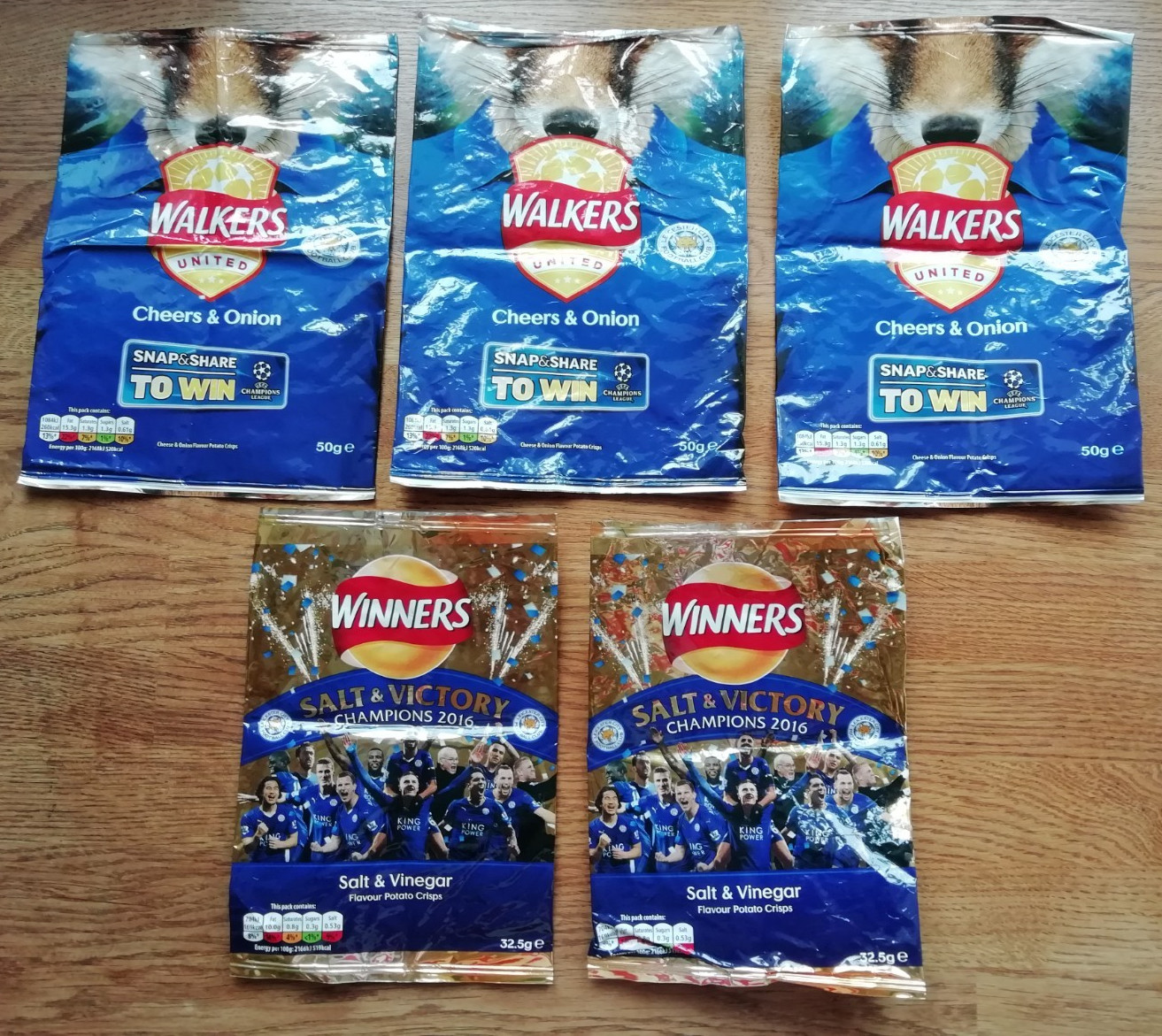 Leicester City premier league champions 2016 Walkers crisps packets x 5 for sale on Ebay