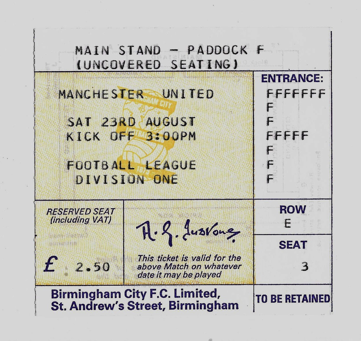 BIRMINGHAM CITY v Manchester United ticket stub MINT 23.08.80 FREE POSTAGE (UK) for sale on Ebay