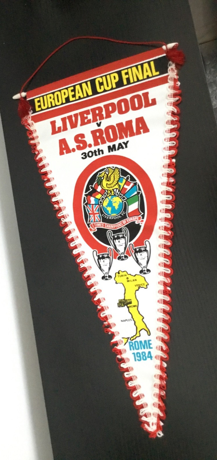 GENUINE 1984 LIVERPOOL Vs A.S ROMA EUROPEAN CUP FINAL 3 TIMES CHAMPIONS PENNANT  for sale on Ebay