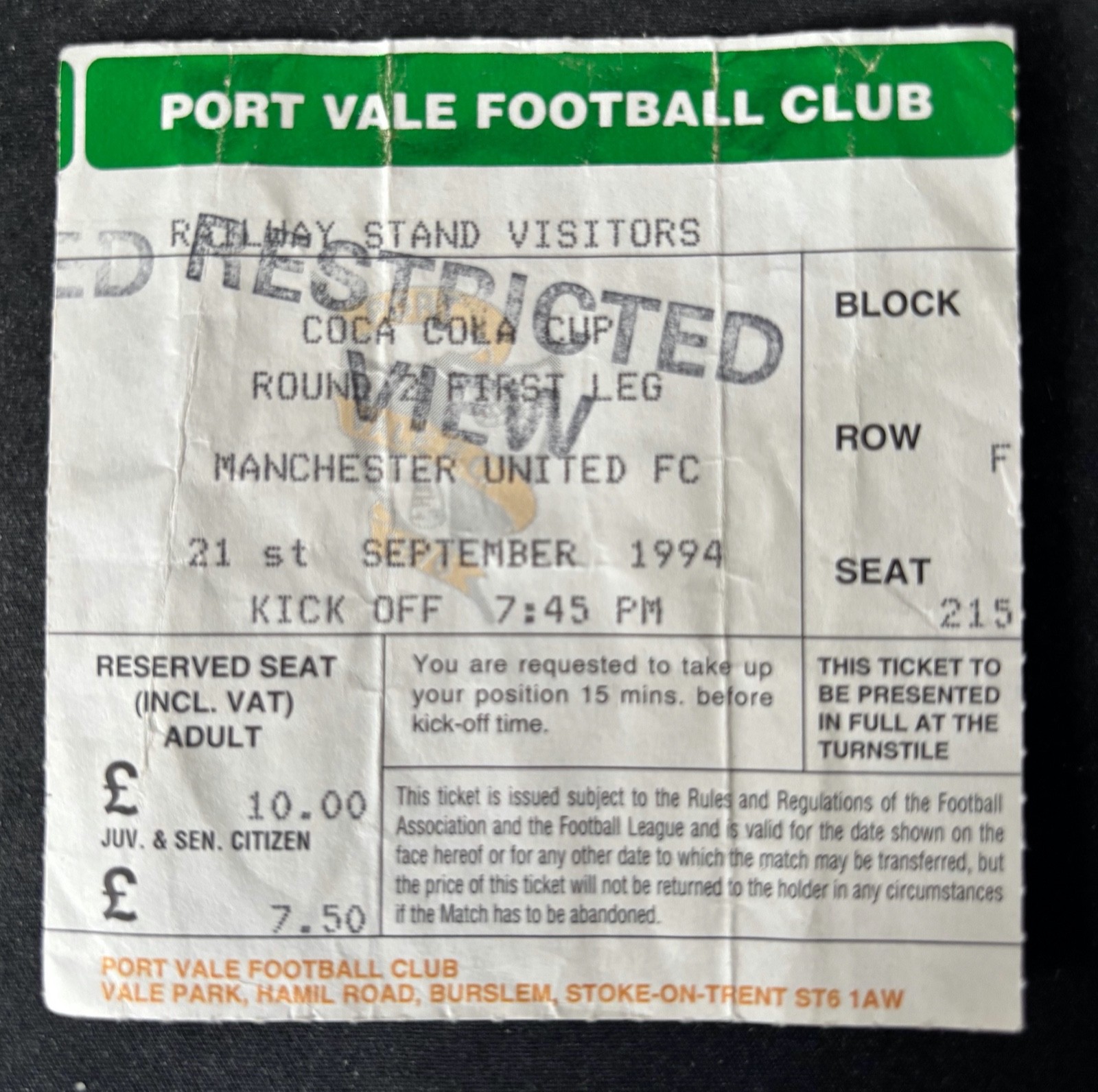 Port Vale v Manchester United ticket stub Coca Cola CupRd21L 21st September 1994 for sale on Ebay
