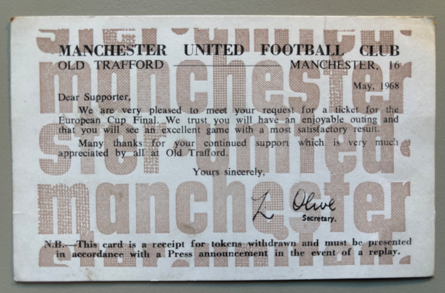 1968 Manchester United v Benfica European Cup Final Card confirming Ticket for sale on Ebay