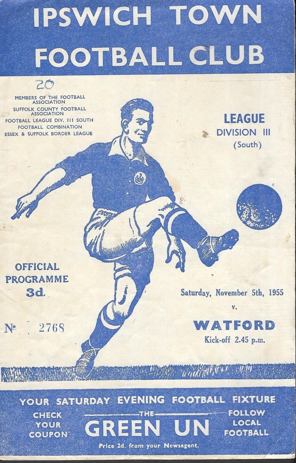 Ipswich Town v Watford. Division 3 South. 1955-1956 for sale on Ebay