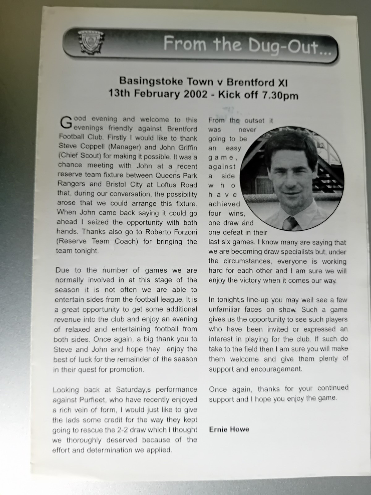 Basingstoke Town v Brentford XI 13th February 2002 for sale on Ebay