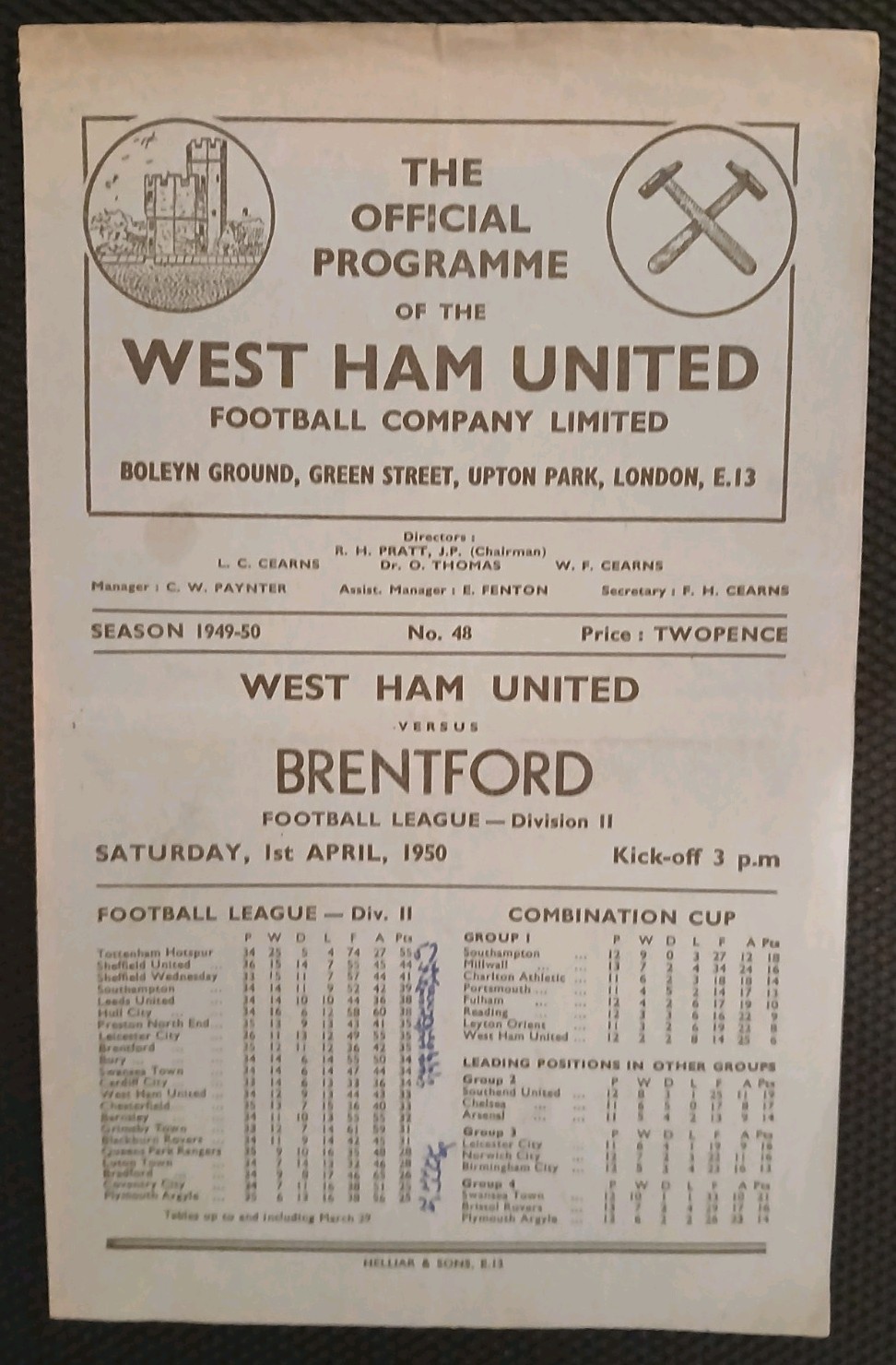 West Ham United Home Programme v Brentford 01/04/1950. for sale on Ebay