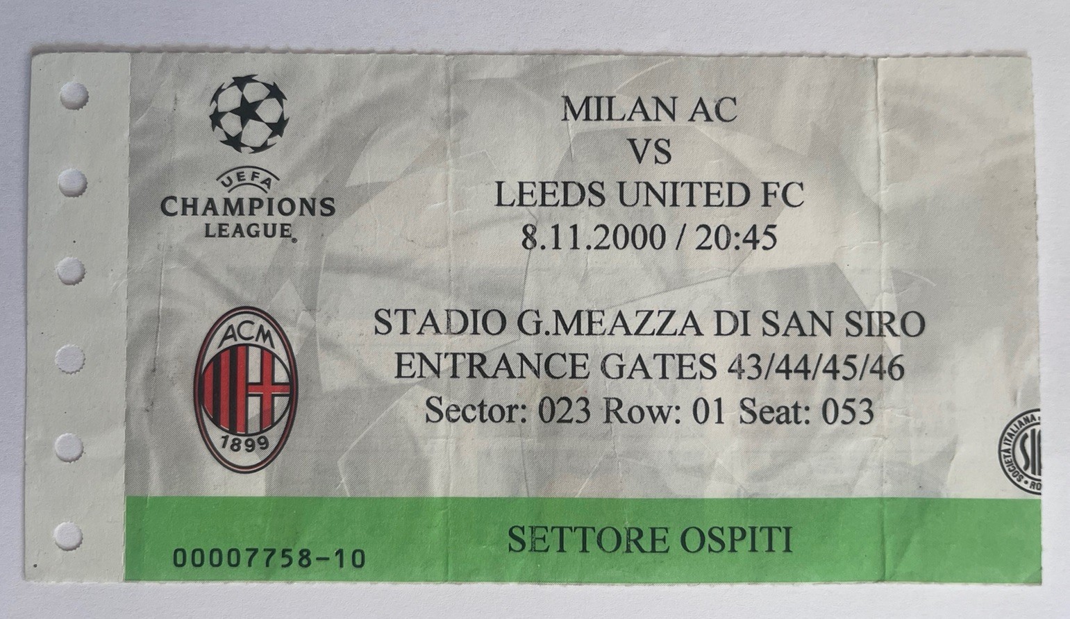 Milan v Leeds United 8th November 2000 Ticket Stub for sale on Ebay