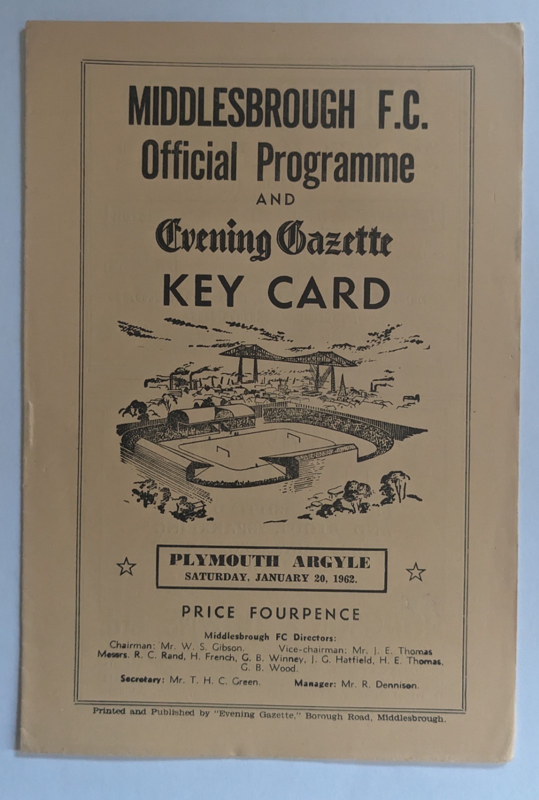 Middlesbrough v Plymouth Argyle 20/01/62 Division 2 for sale on Ebay