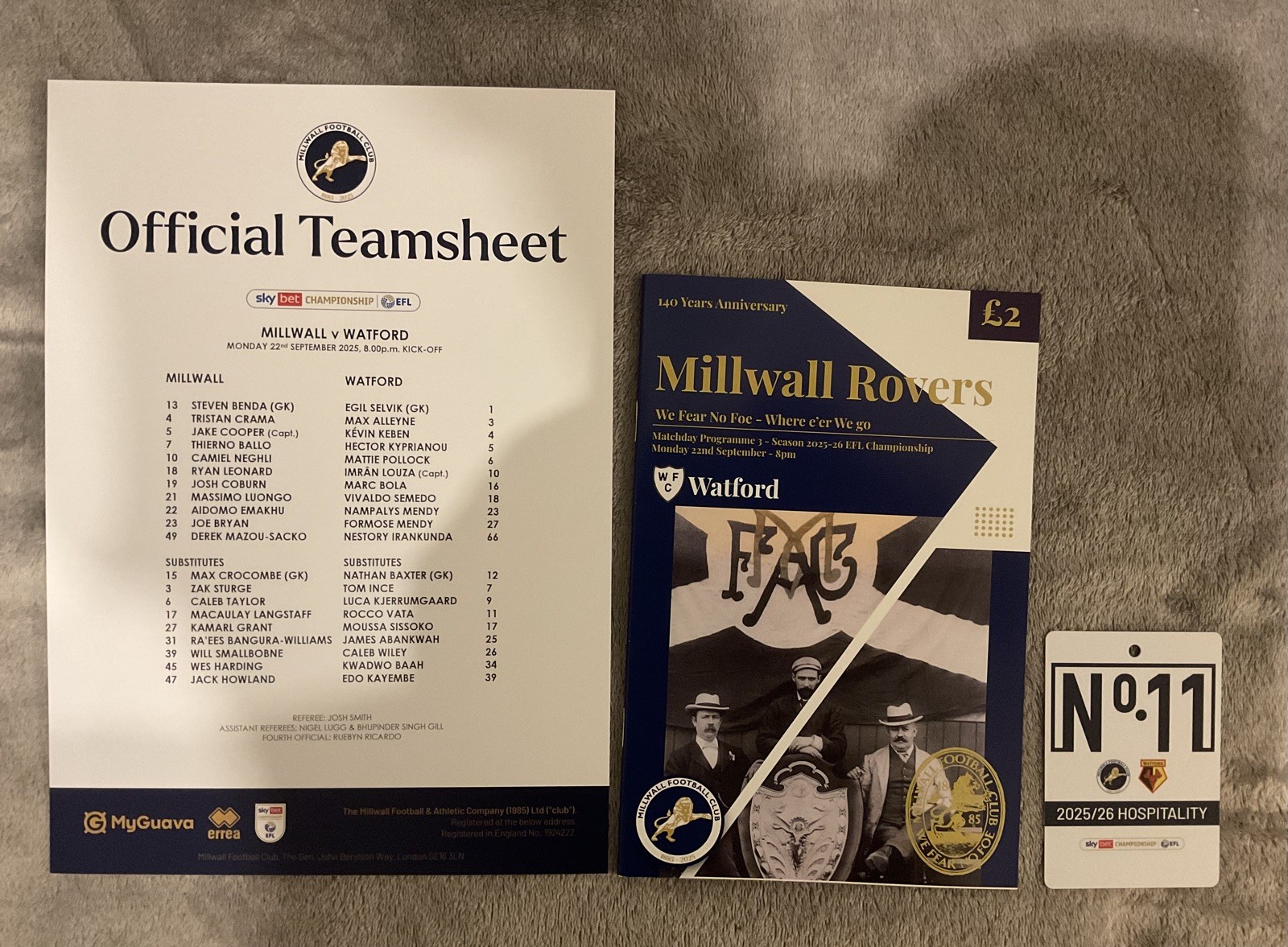 Millwall V Watford programme, team-sheet & badge 22/09/2025 for sale on Ebay