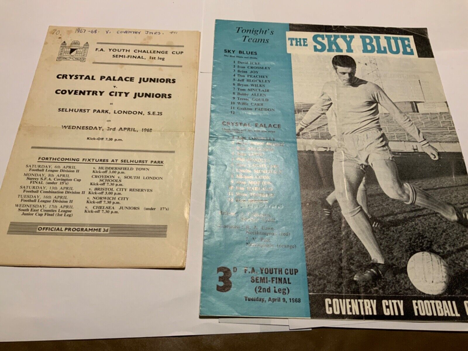 1967-1968 FA Youth Cup Semi Final both Legs Crystal Palace V Coventry City for sale on Ebay