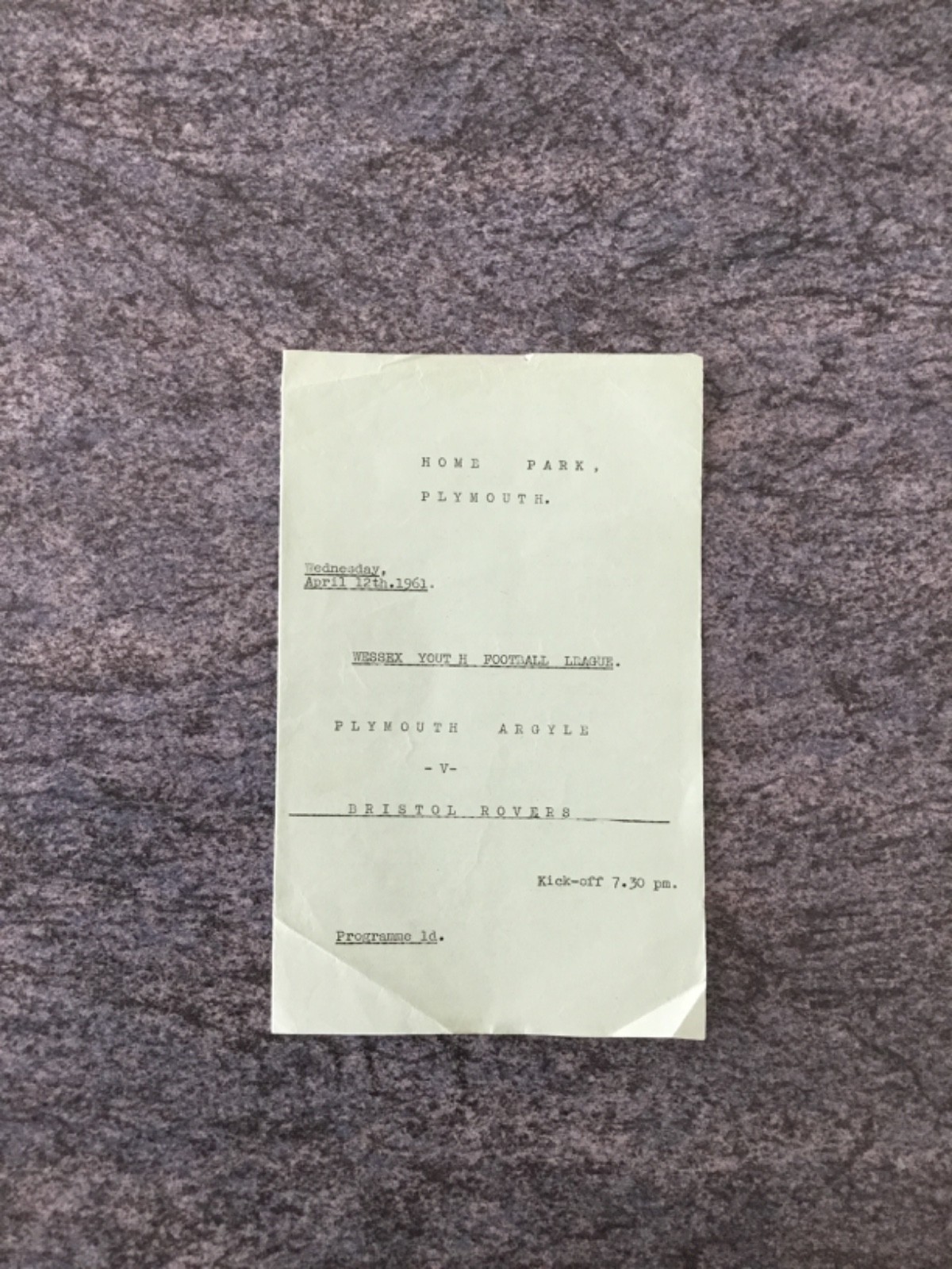 Youth 60/1 Plymouth Argyle v Bristol Rovers 12/4/1961 Wessex Youth League for sale on Ebay