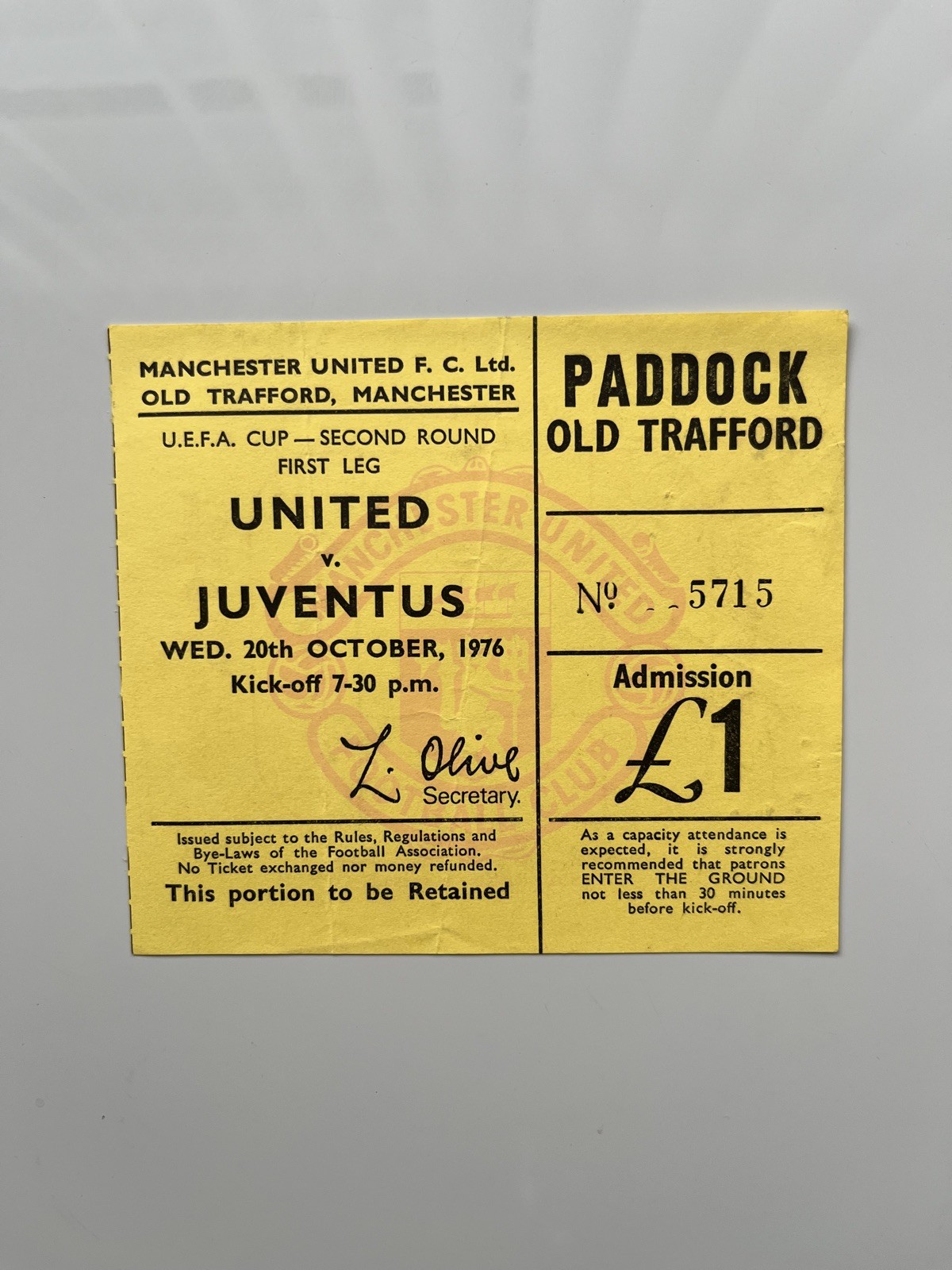 Manchester United v Juventus 29/10/1976 UEFA cup 2nd round 1st leg   for sale on Ebay