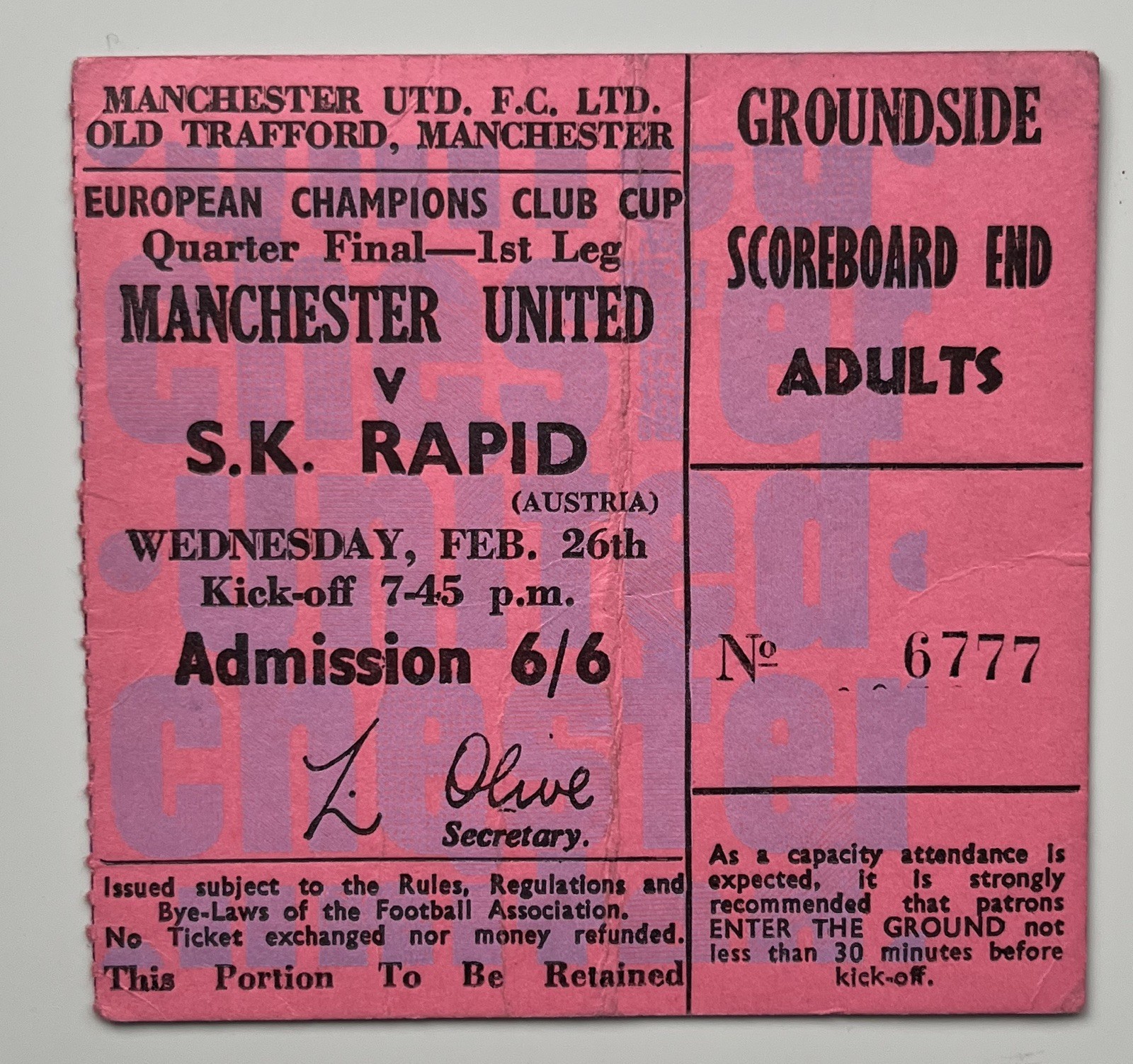 Manchester United v SK Rapid 26/2/1969 European Cup Quarter Final 1st leg   for sale on Ebay