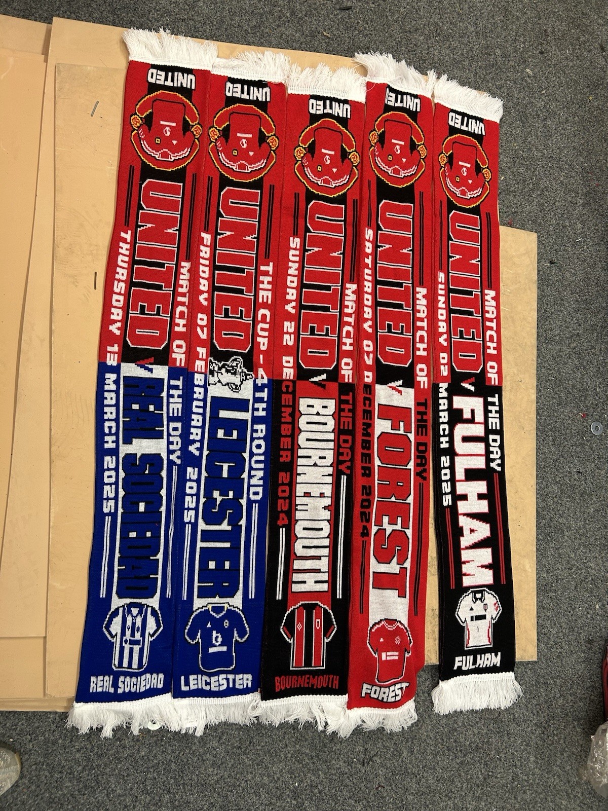 FIVE NEW Manchester United Scarfs V Fulham Bournemouth Forest Leicester Sociedad for sale on Ebay