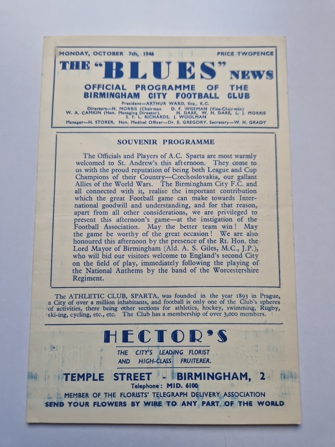 BIRMINGHAM CITY v A C SPARTA  1946 for sale on Ebay