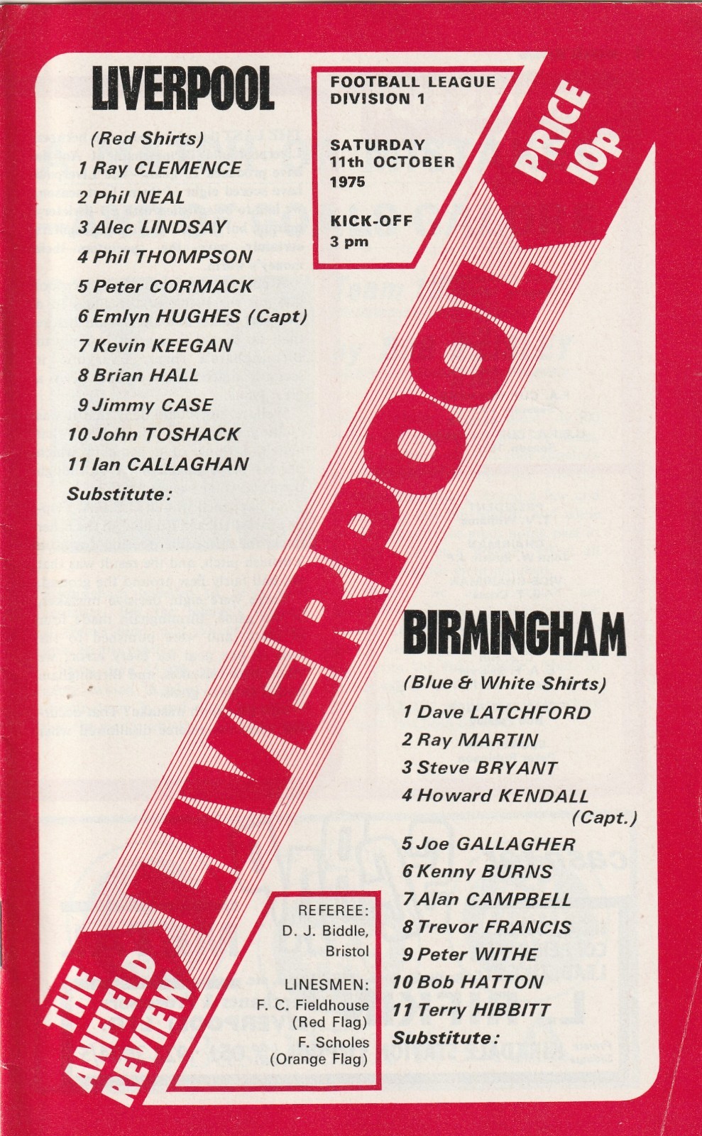 LIVERPOOL v Birmingham City, 11 October 1975, Division One ****TITLE SEASON for sale on Ebay