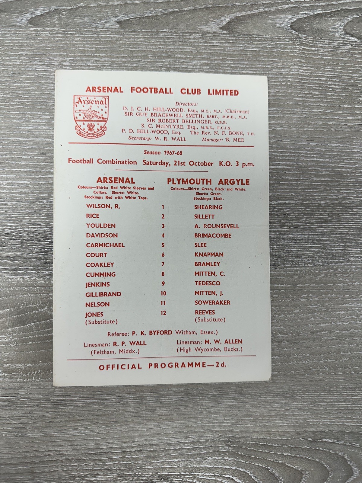 Arsenal Reserves v Plymouth Argyle Reserves  1967/68  (30/09) for sale on Ebay