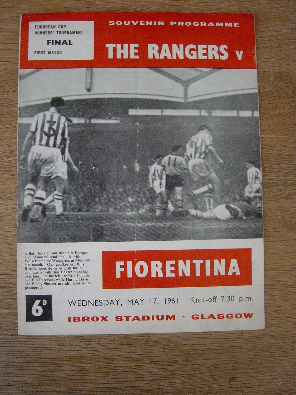 1961 EUROPEAN CUP WINNERS CUP FINAL : GLASGOW RANGERS v FIORENTINA for sale on Ebay