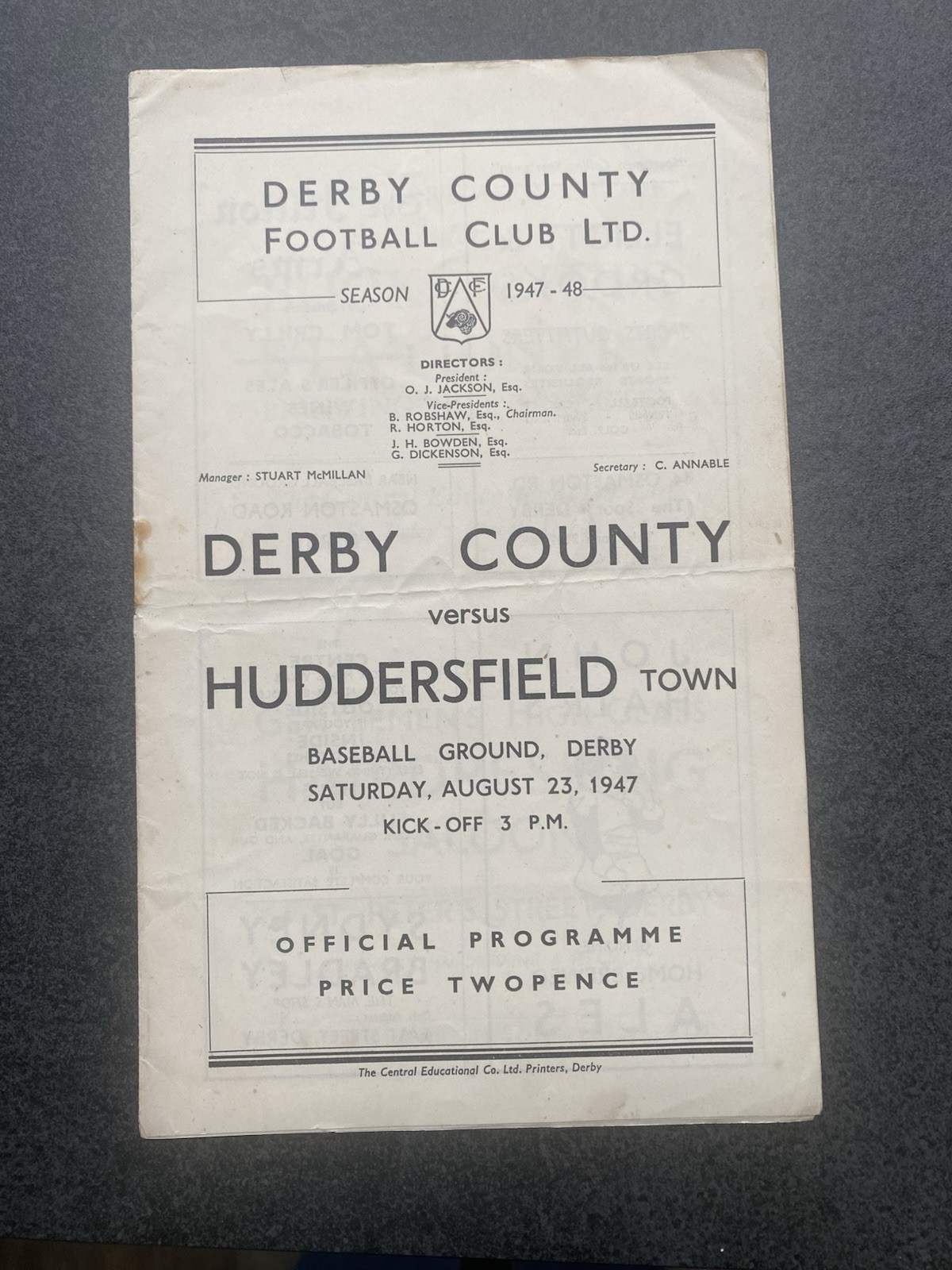 1947 DERBY COUNTY V HUDDERSFIELD TOWN FOOTBALL PROGRAMME for sale on Ebay