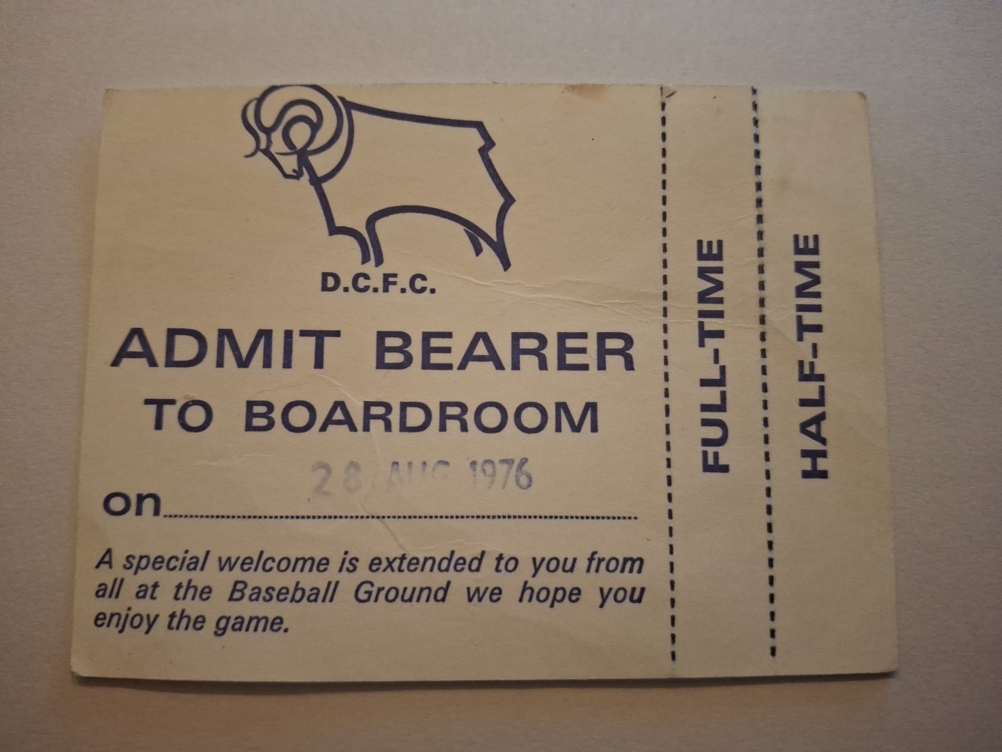 Derby County v Manchester United TICKET/Pass to Boardroom.   28/8/1976 for sale on Ebay