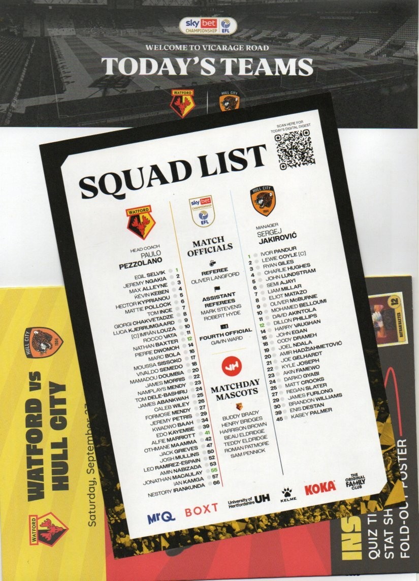 WATFORD V HULL CITY 25/26 TEAM SHEET + EXTRAS for sale on Ebay