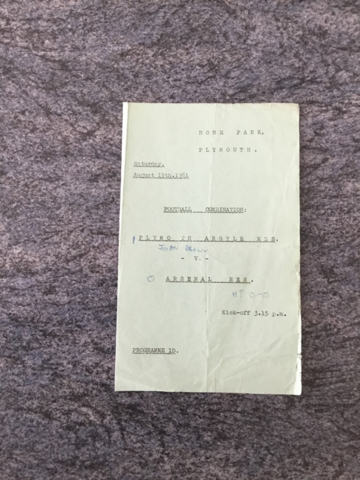 61/2 Reserves Plymouth Argyle Res v Arsenal Res 19/8/1961 Football Combination for sale on Ebay