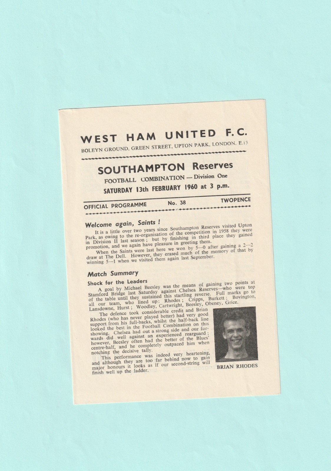1959-1960 FOOTBALL COMBINATION : WEST HAM UNITED v SOUTHAMPTON RESERVES 13TH FEB for sale on Ebay