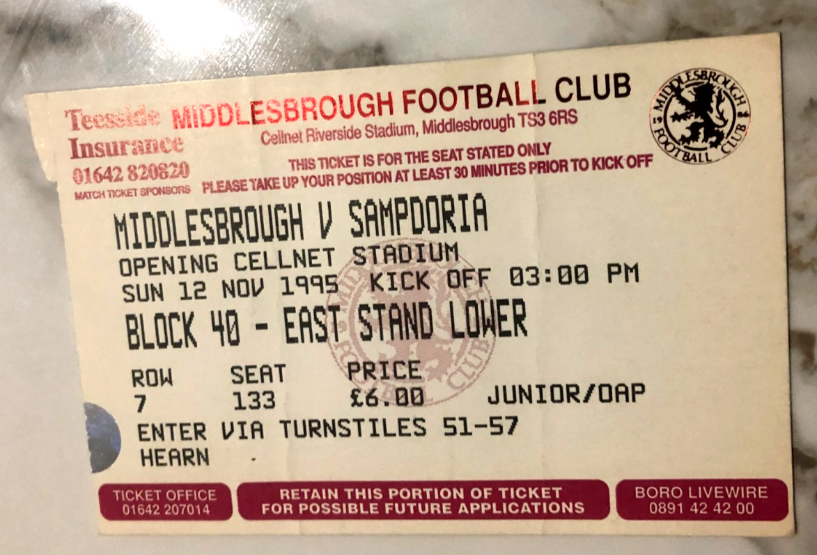 RARE - Middlesbrough v Sampdoria Official Opening of Cellnet Stadium 12 Nov 1995 for sale on Ebay