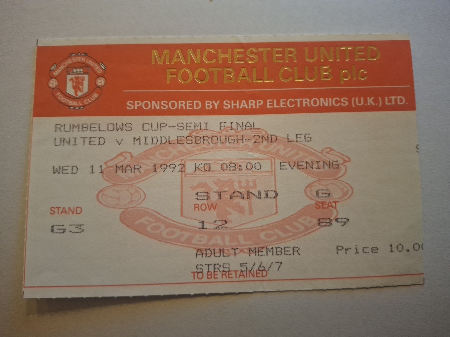 Manchester United v Middlesbrough TICKET.  11/3/1992  League Cup Semi  for sale on Ebay
