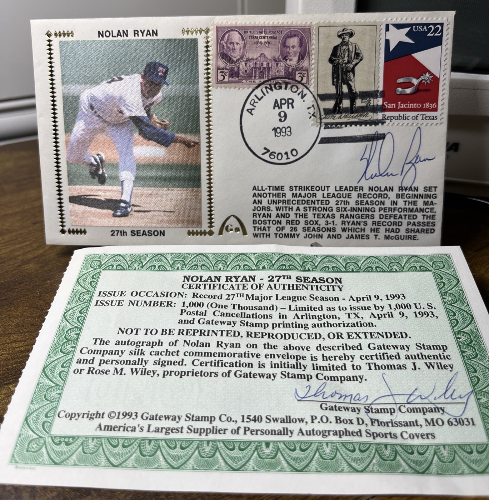 1993 Gateway Stamp FDC SIGNED Nolan Ryan “27th. Season” HOF Texas Rangers STAMPS for sale on Ebay